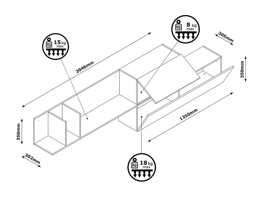 Etagère murale asymétrique 270 cm décor chêne blanc laqué - VERONICA