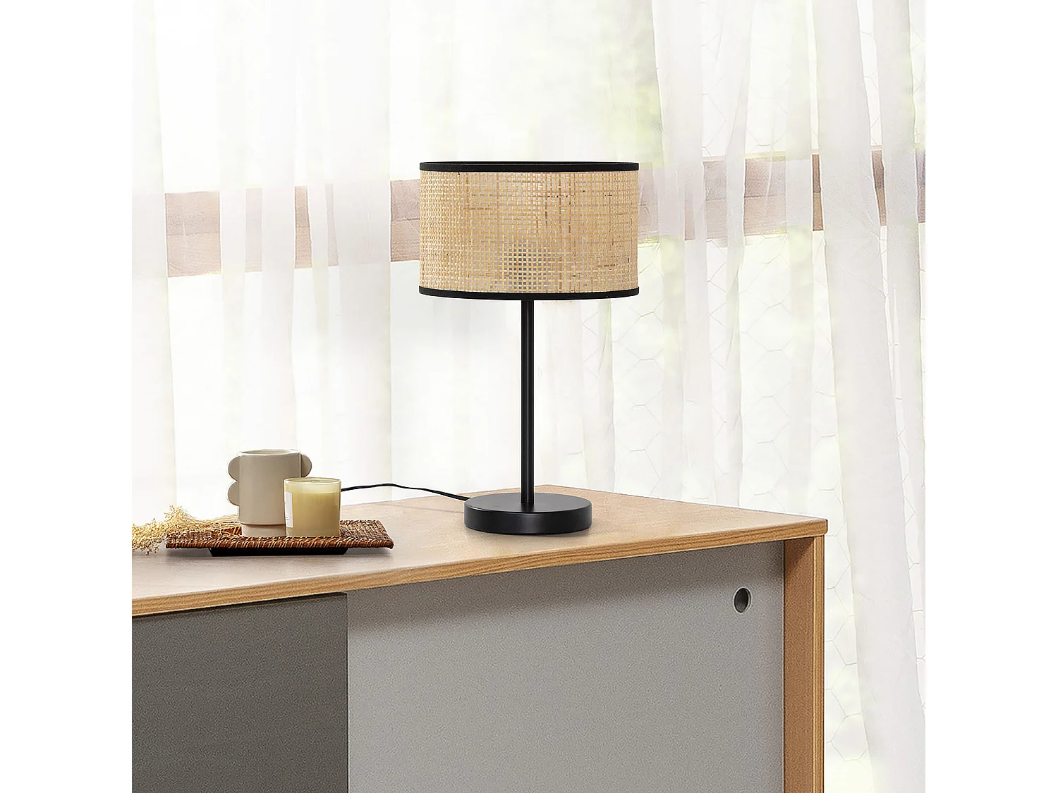 Nachtkastlamp Kasuki van natuurlijk rotan, diameter 42 cm