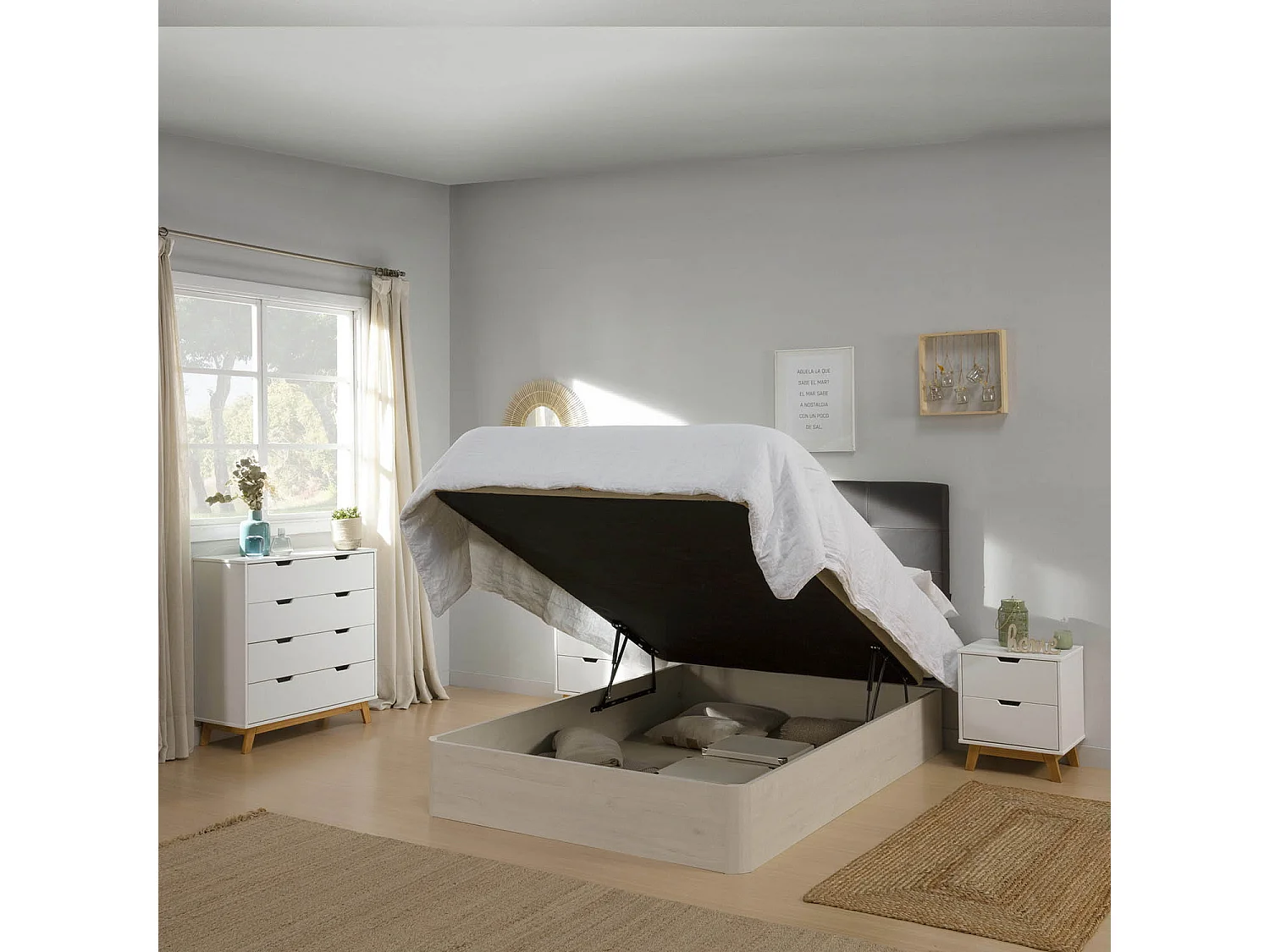 Canapé Abatible Petra 150x190 cm Blanco Nordic de Gran Capacidad