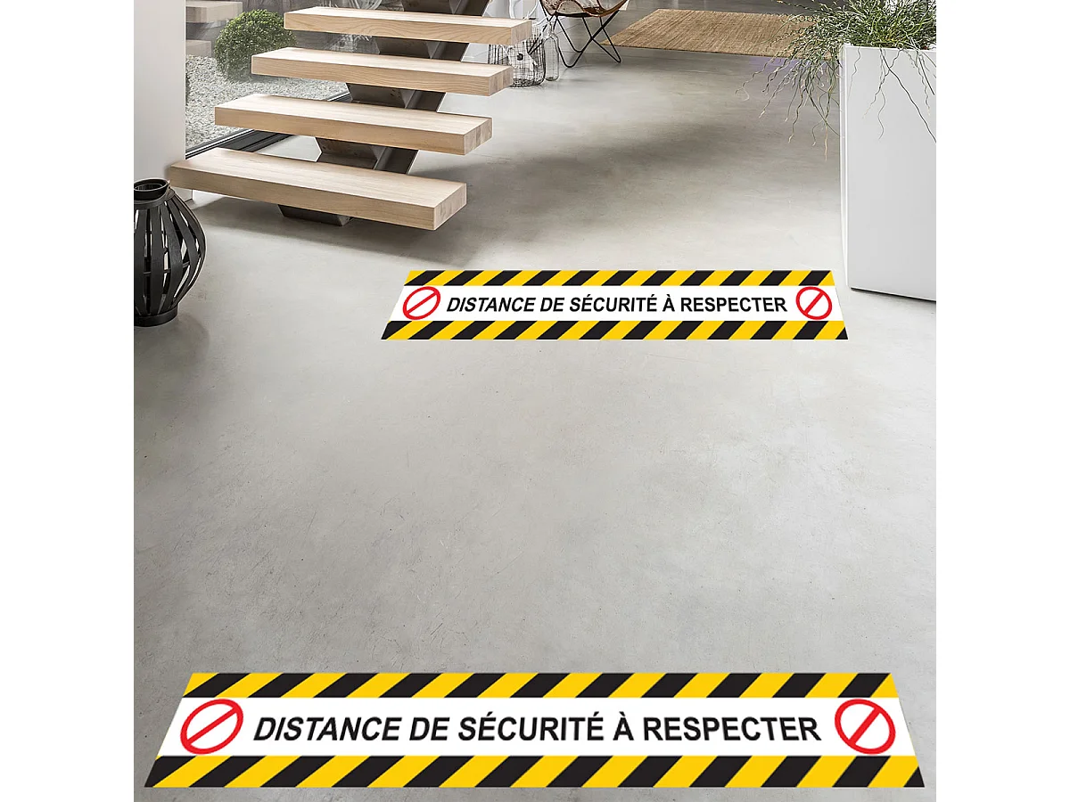 Stickers Sol Anti-dérapant avec Protection - SOL 6 BANDES COVID-19 DISTANCE DE SÉCURITÉ À RESPECTER - 1 sticker de 60cmx60cm-6bandesde10cmx60cm