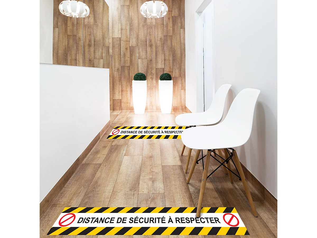 Stickers Sol Anti-dérapant avec Protection - SOL 6 BANDES COVID-19 DISTANCE DE SÉCURITÉ À RESPECTER - 1 sticker de 60cmx60cm-6bandesde10cmx60cm