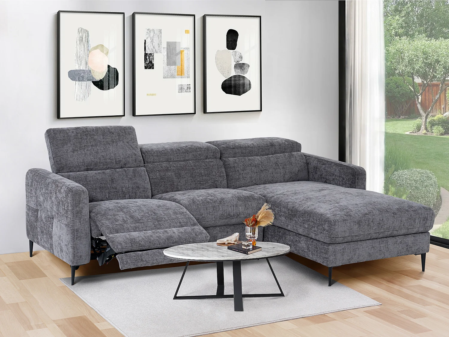 Canapé d'angle droit relax électrique en tissu gris anthracite FUSETA