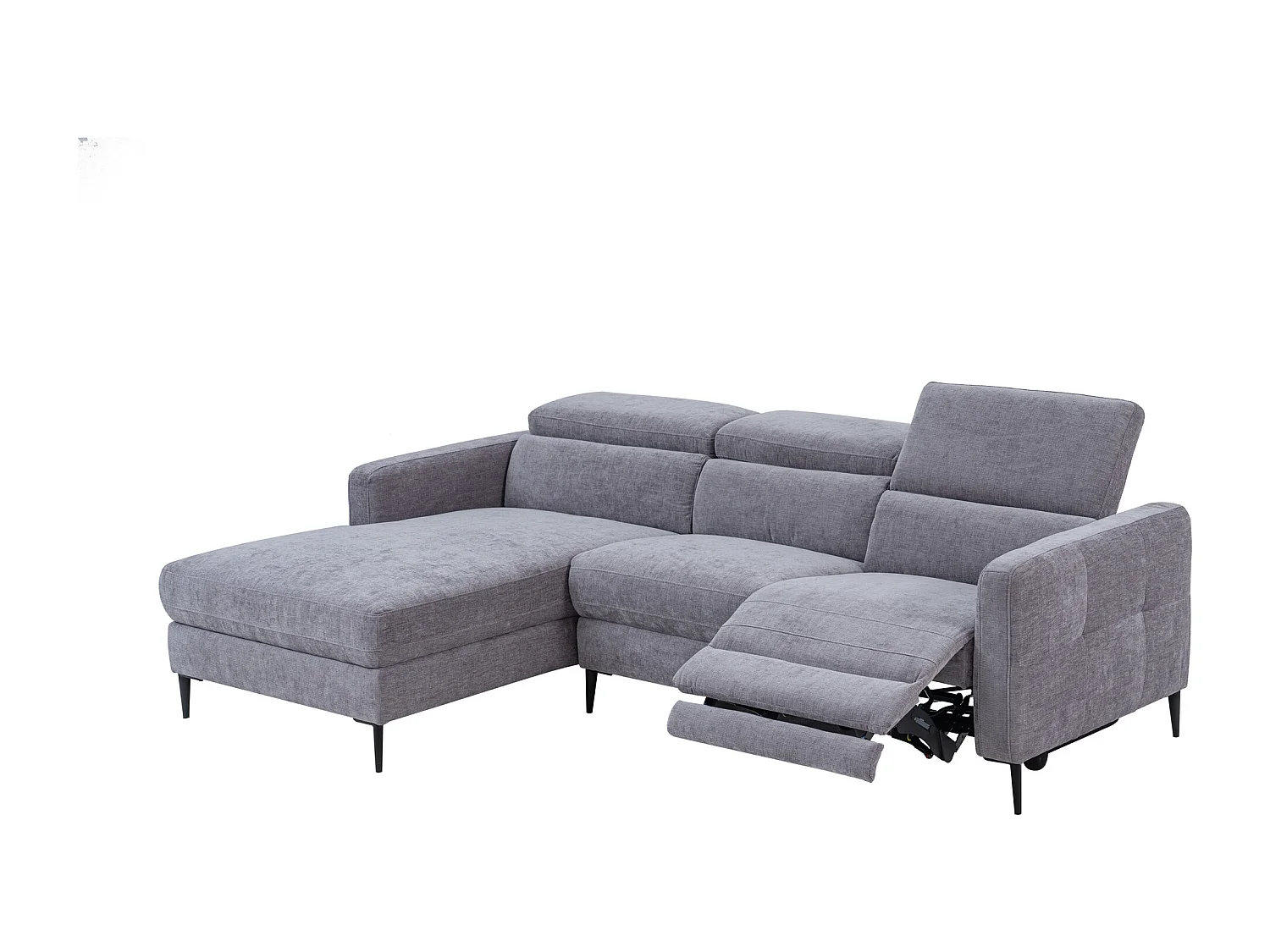 Vänstervänd soffa med elektriskt fällbart ryggstöd i ljusgrått tyg FUSETA