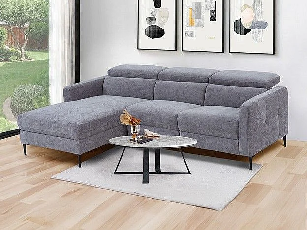 Vänstervänd soffa med elektriskt fällbart ryggstöd i ljusgrått tyg FUSETA