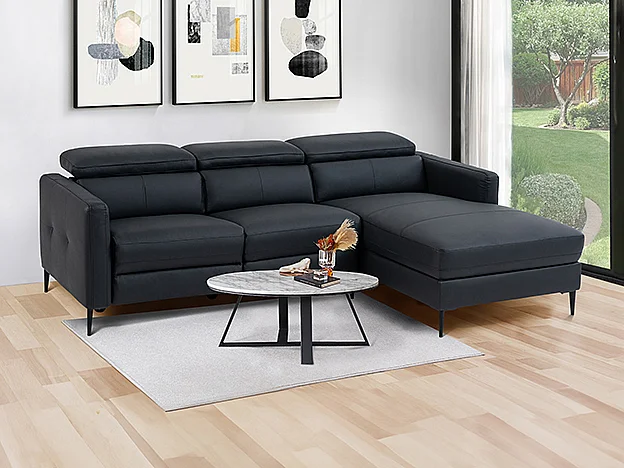 Sofá chaise longue derecho reláx eléctrico de cuero negro FUSETA