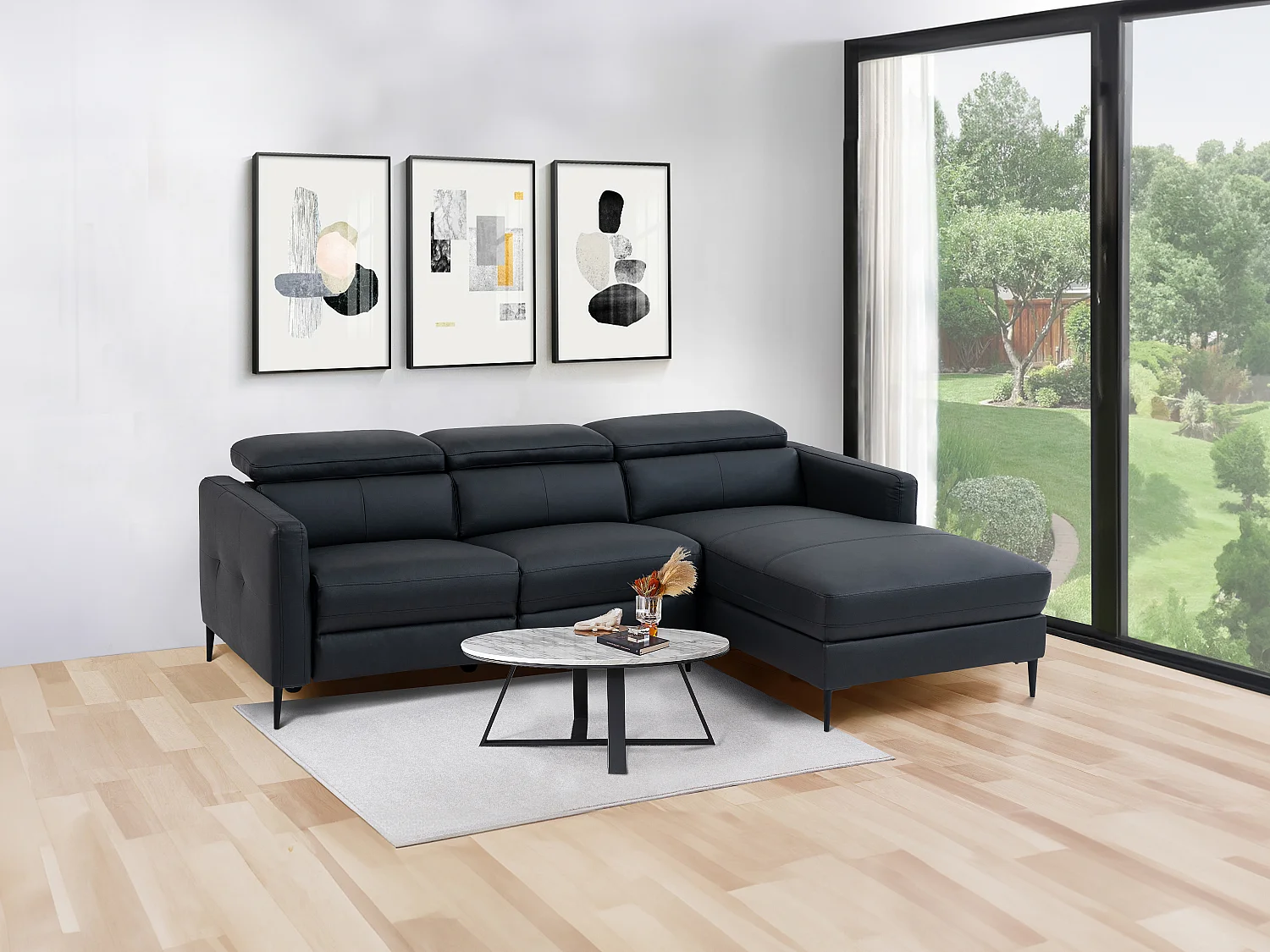 Canapé d'angle droit relax électrique en cuir noir FUSETA