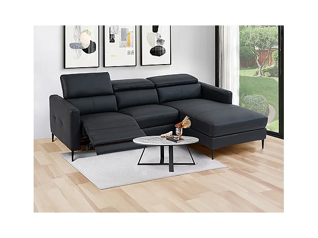 Canapé d'angle droit relax électrique en cuir noir FUSETA