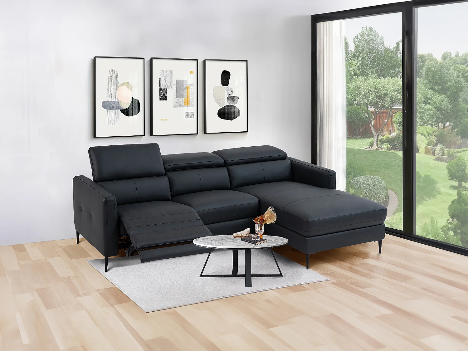Ecksofa mit elektrischer Relaxfunktion - Ecke rechts - Leder - Schwarz - FUSETA