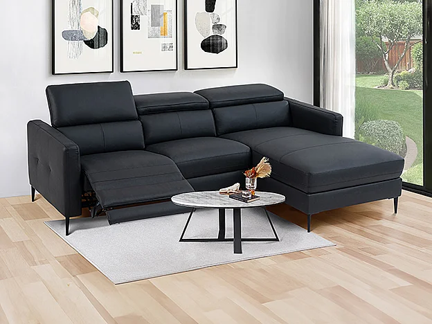 Elektrische relaxhoekbank met hoek rechts van zwart leer FUSETA