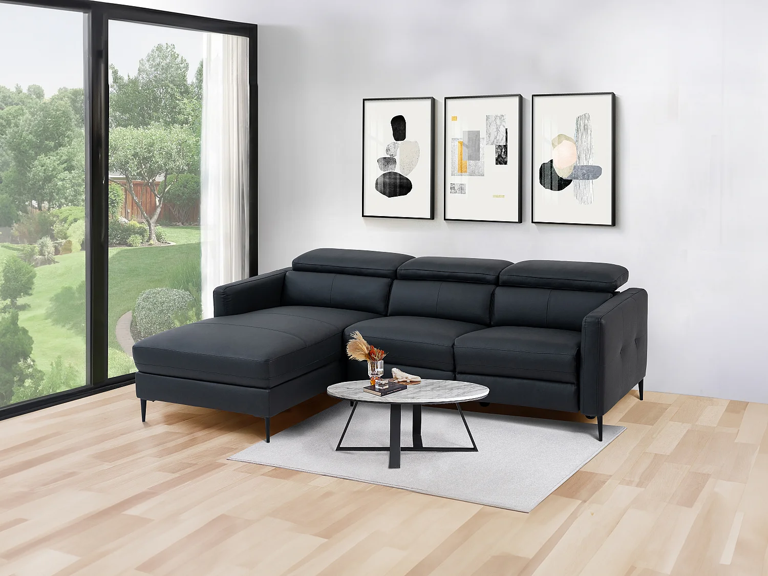 Canapé d'angle gauche relax électrique en cuir noir FUSETA