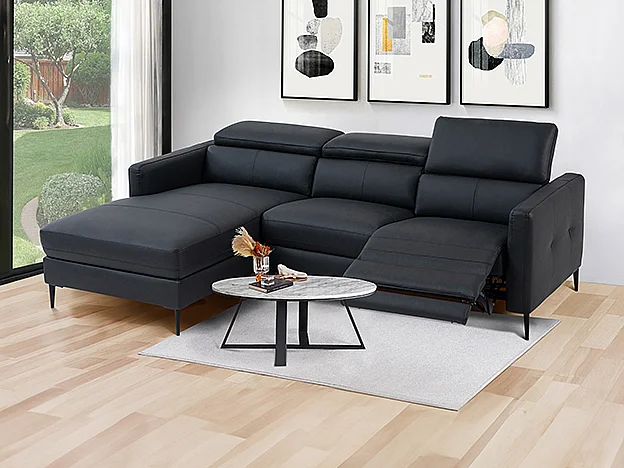 Vänstervänd hörnssoffa i svart läder med elektrisk reglering FUSETA