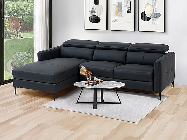 Vänstervänd hörnssoffa i svart läder med elektrisk reglering FUSETA