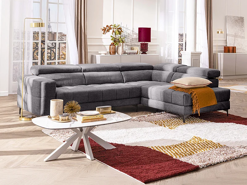 Canapé d'angle droit relax avec assise coulissante électrique en tissu anthracite MONISO