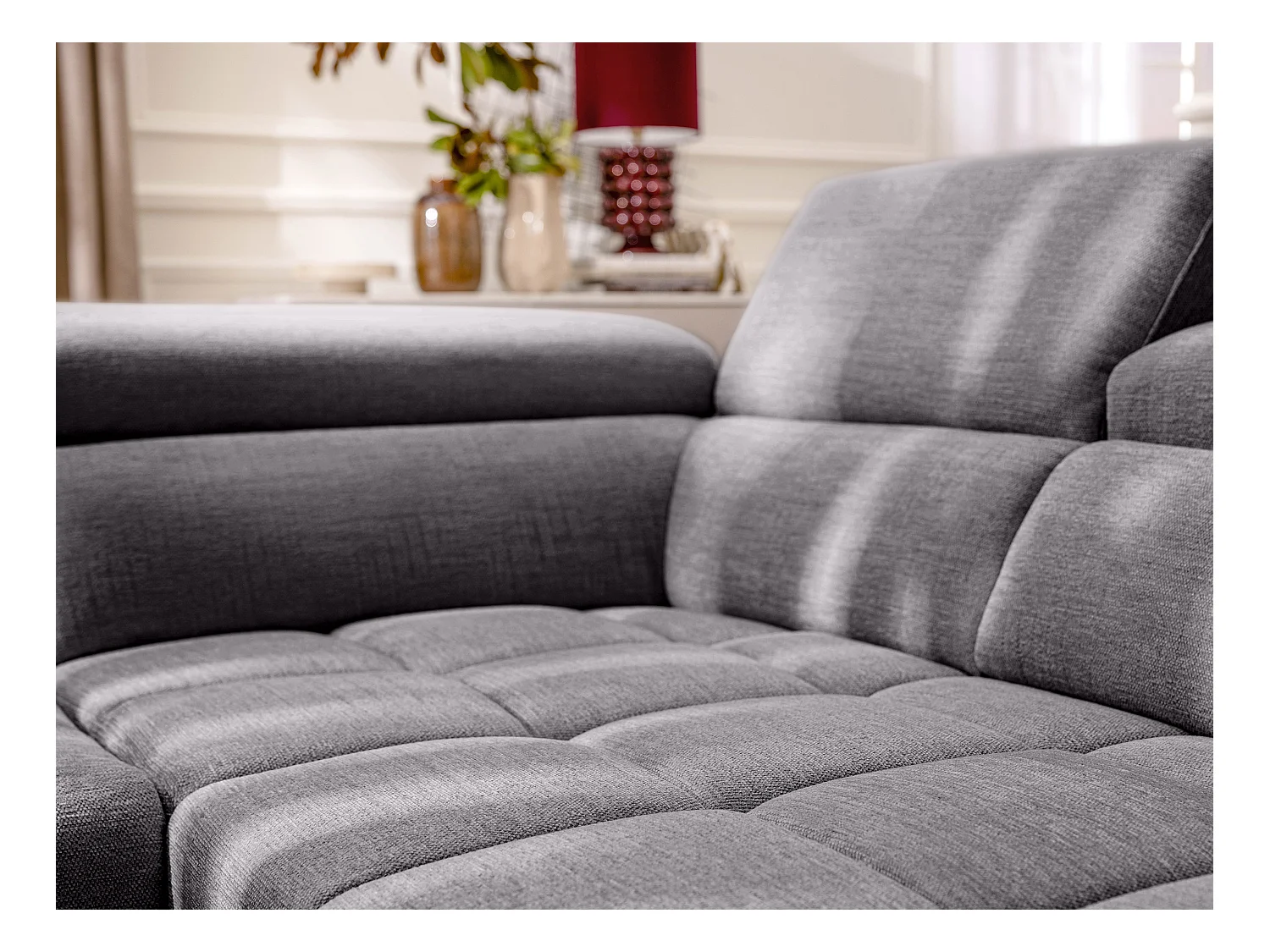 Elektrische relaxhoekbank met hoek rechts met schuivende zitting van antracietgrijze stof MONISO