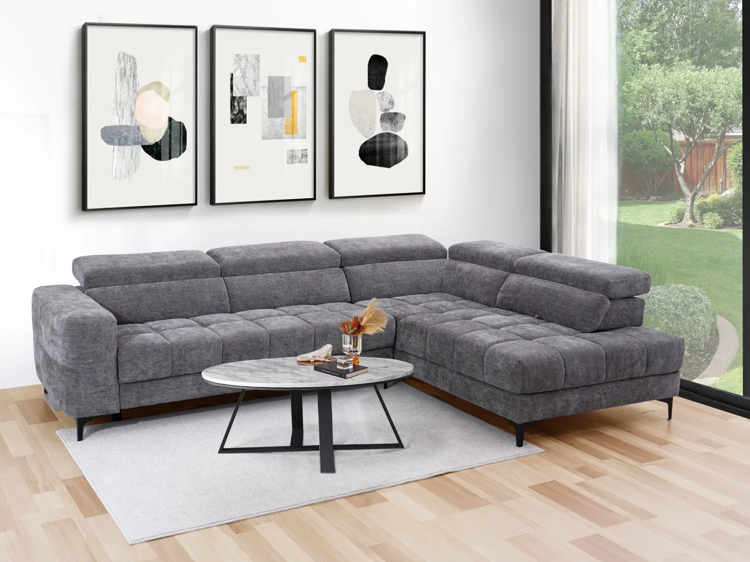 Canapé d'angle droit relax avec assise coulissante électrique en tissu anthracite MONISO