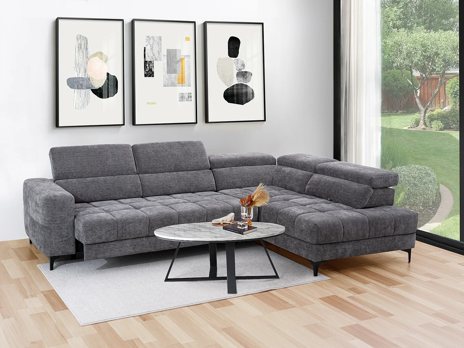 Eckrelaxsofa elektrisch - Ecke rechts - mit ausziehbarer Sitzfläche - Stoff - Anthrazit - MONISO