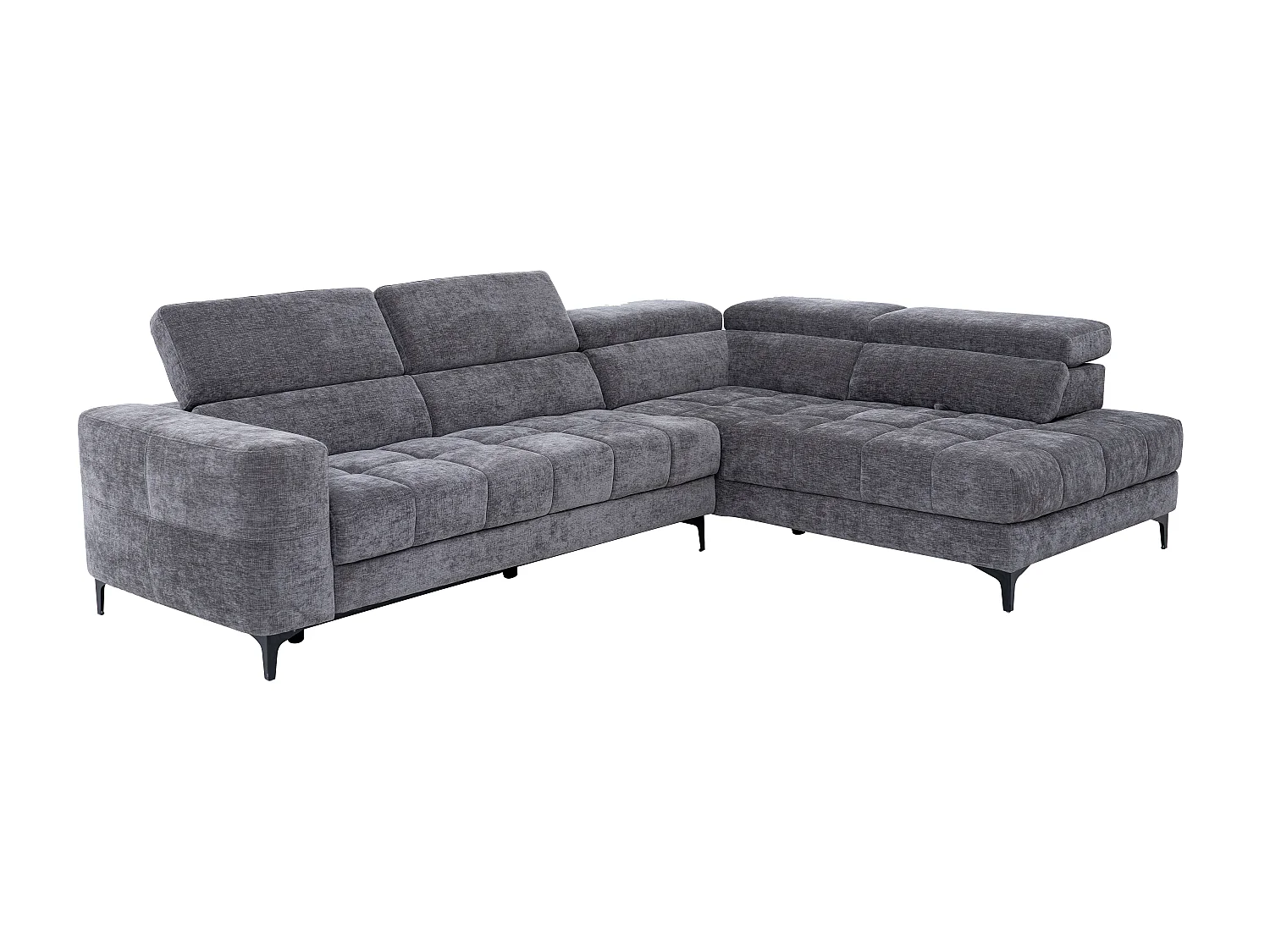 Elektrische relaxhoekbank met hoek rechts met schuivende zitting van antracietgrijze stof MONISO