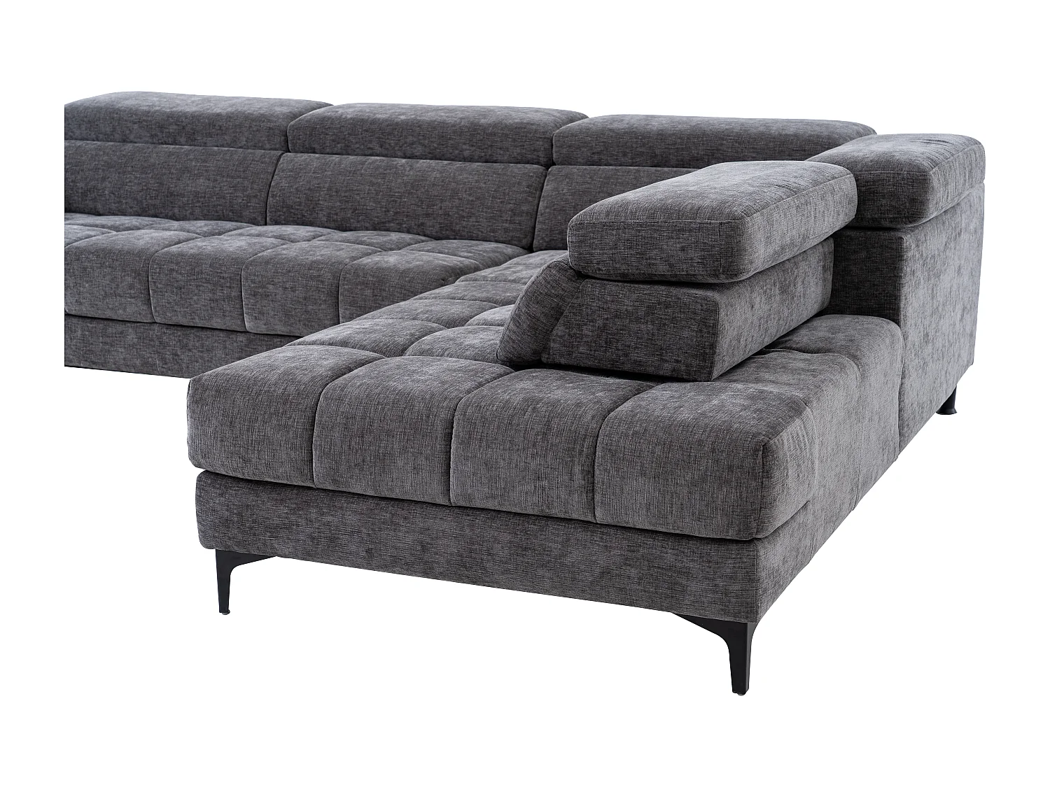 Elektrische relaxhoekbank met hoek rechts met schuivende zitting van antracietgrijze stof MONISO