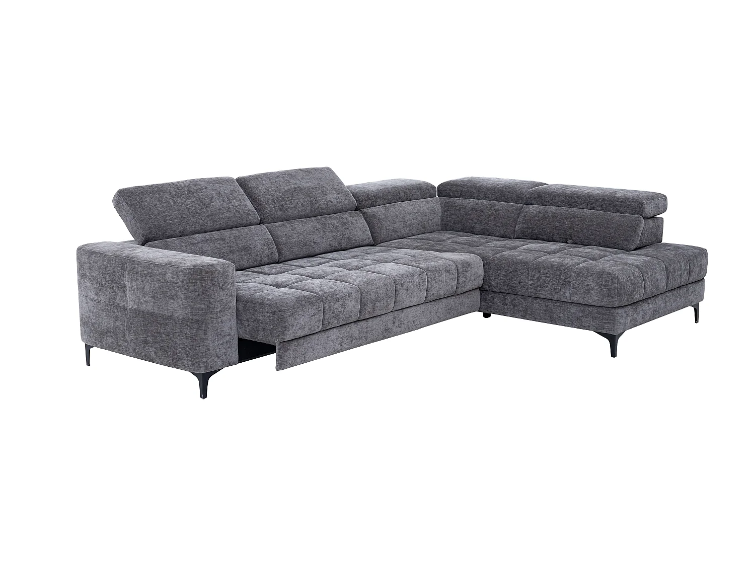 Elektrische relaxhoekbank met hoek rechts met schuivende zitting van antracietgrijze stof MONISO