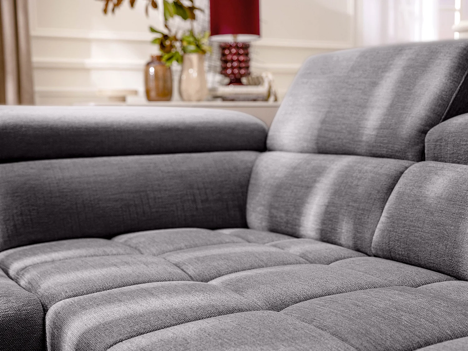 Elektrische relaxhoekbank met hoek rechts met schuivende zitting van antracietgrijze stof MONISO