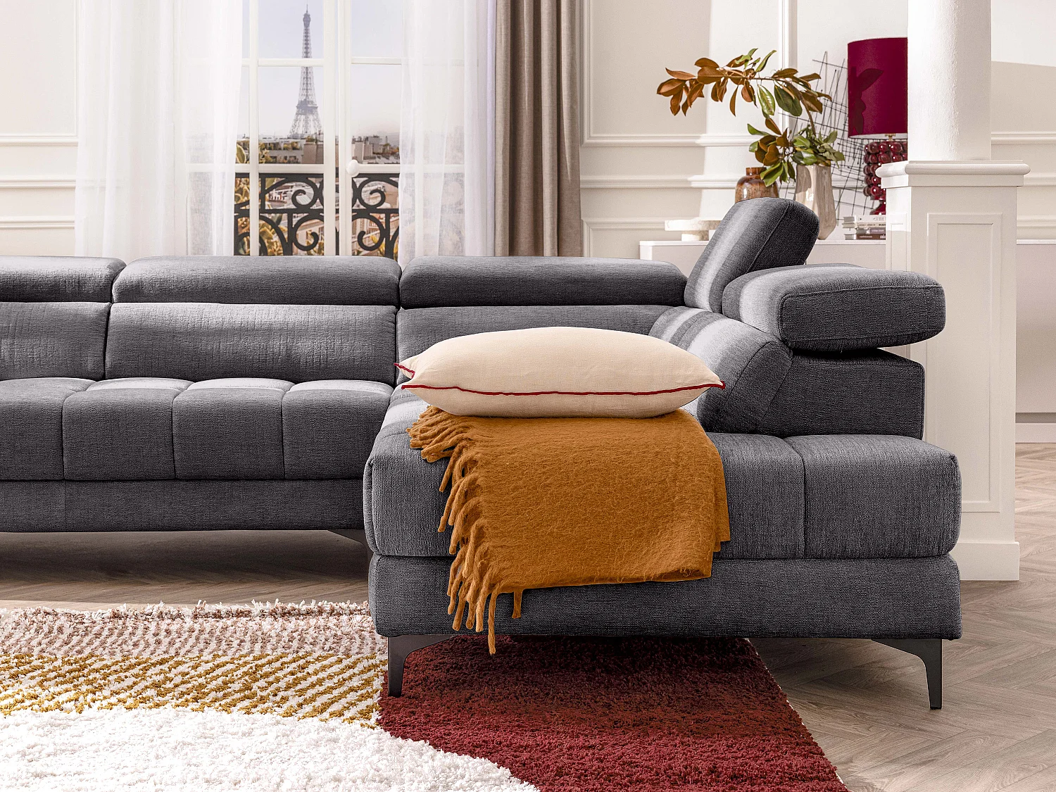 Elektrische relaxhoekbank met hoek rechts met schuivende zitting van antracietgrijze stof MONISO