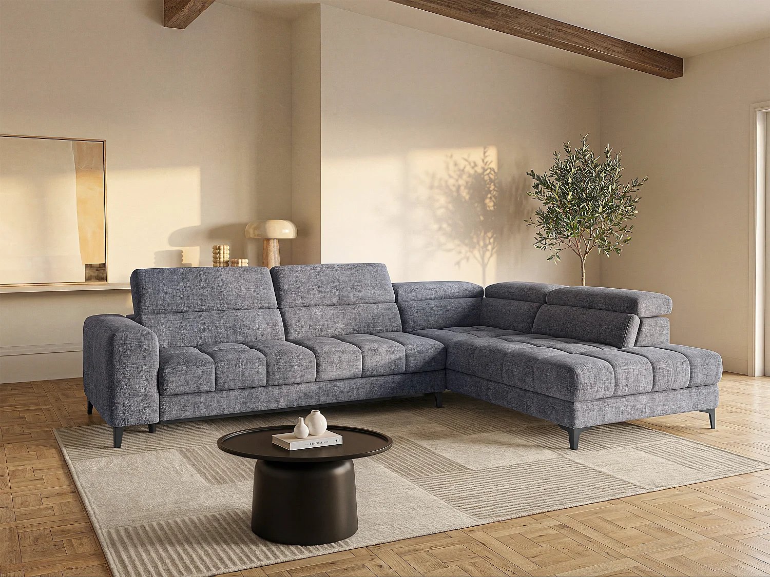 Eckrelaxsofa elektrisch - Ecke rechts - mit ausziehbarer Sitzfläche - Stoff - Anthrazit - MONISO