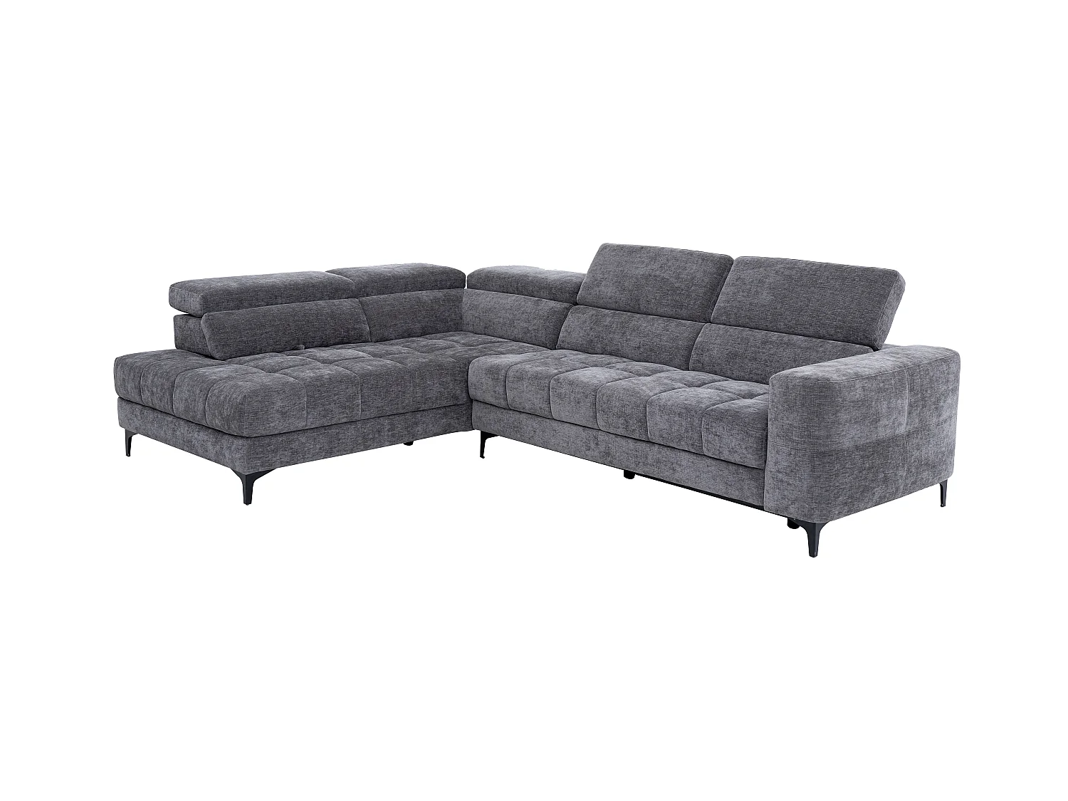 Kanapa narożna lewostronna z elektryczną funkcją relax i wysuwanym siedziskiem, tapicerowana, antracytowa, MONISO