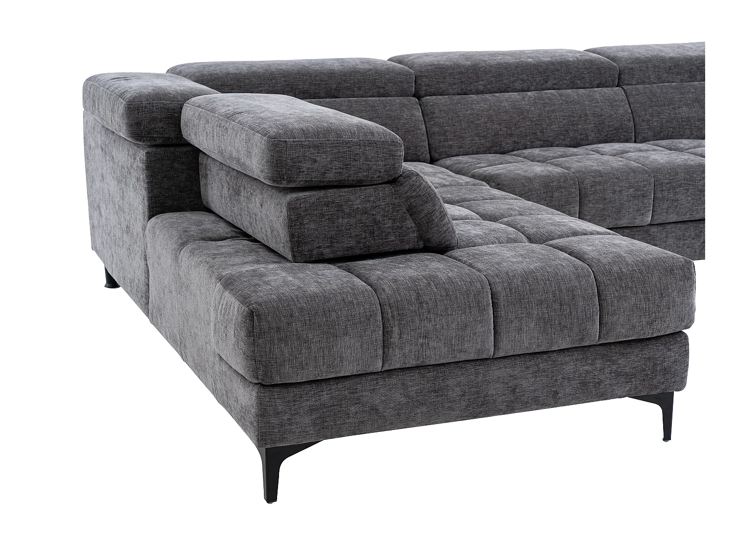 Kanapa narożna lewostronna z elektryczną funkcją relax i wysuwanym siedziskiem, tapicerowana, antracytowa, MONISO