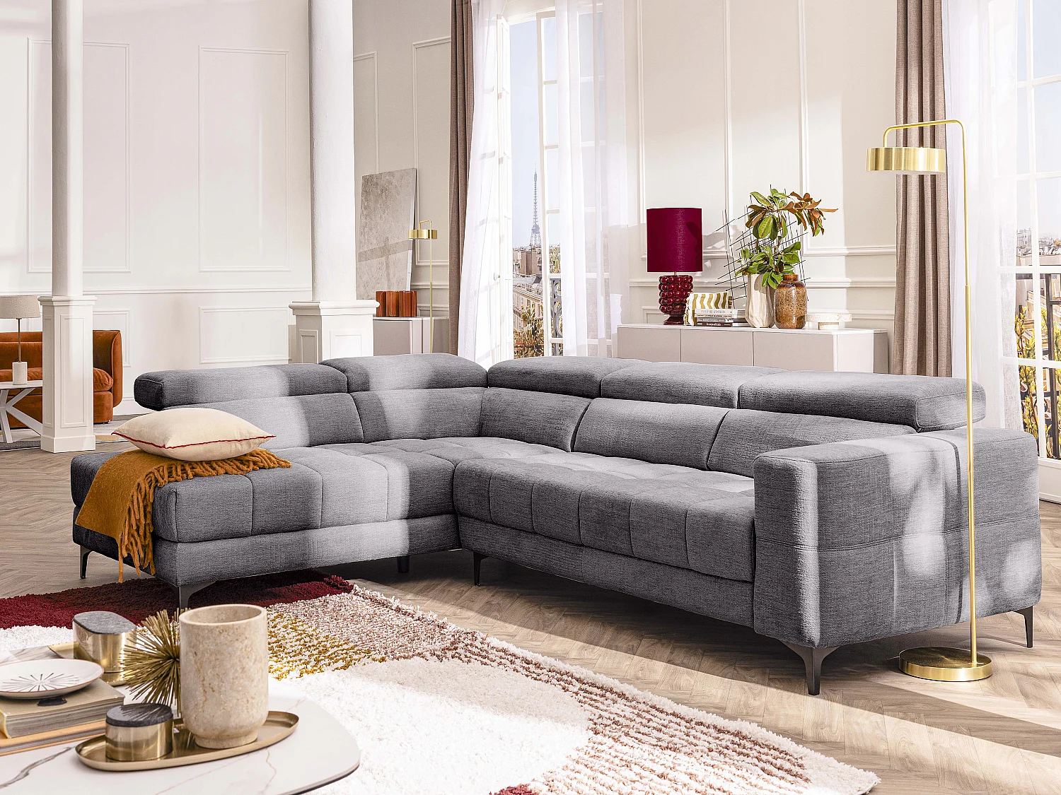 Canapé d'angle gauche relax avec assise coulissante électrique en tissu anthracite MONISO