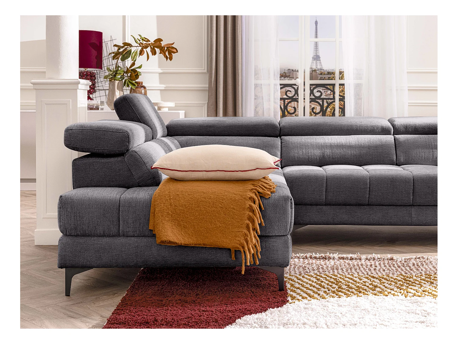 Canapé d'angle gauche relax avec assise coulissante électrique en tissu anthracite MONISO