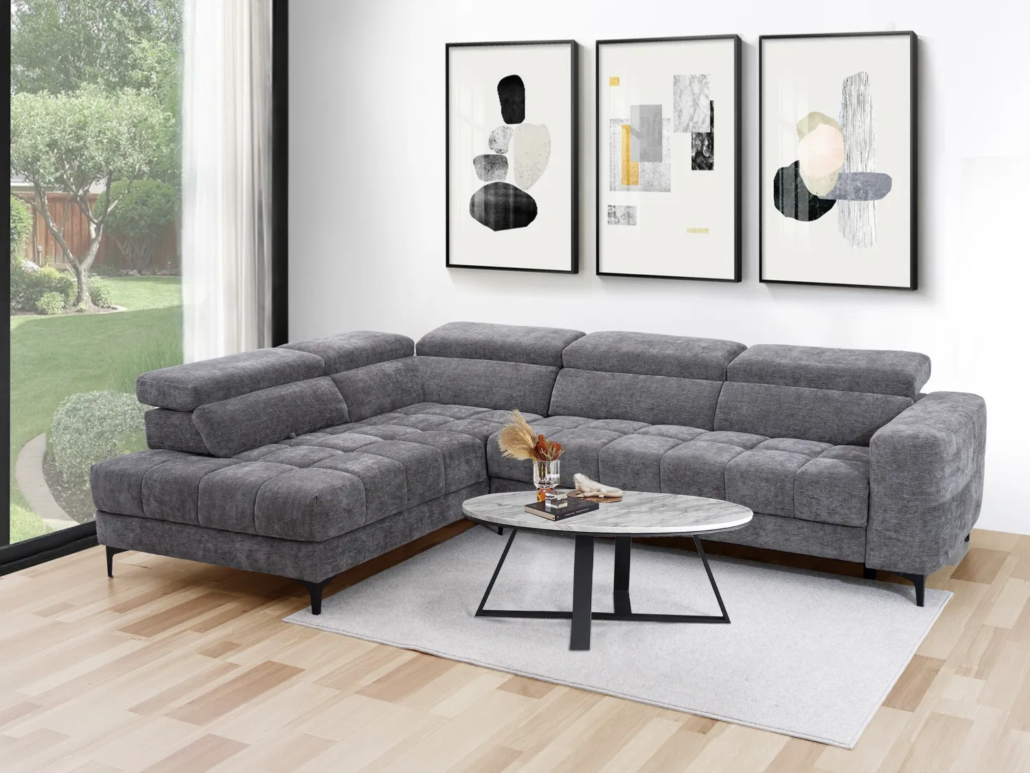 Canapé d'angle gauche relax avec assise coulissante électrique en tissu anthracite MONISO