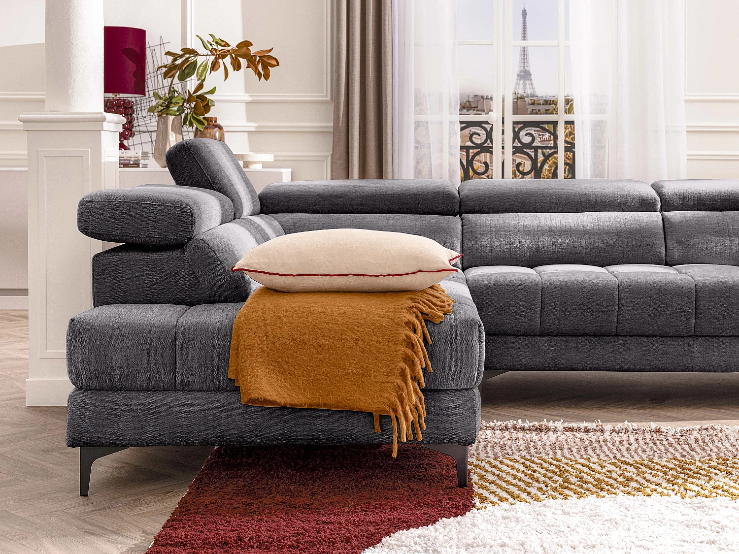 Eckrelaxsofa elektrisch - Ecke links - mit ausziehbarer Sitzfläche - Stoff - Anthrazit - MONISO