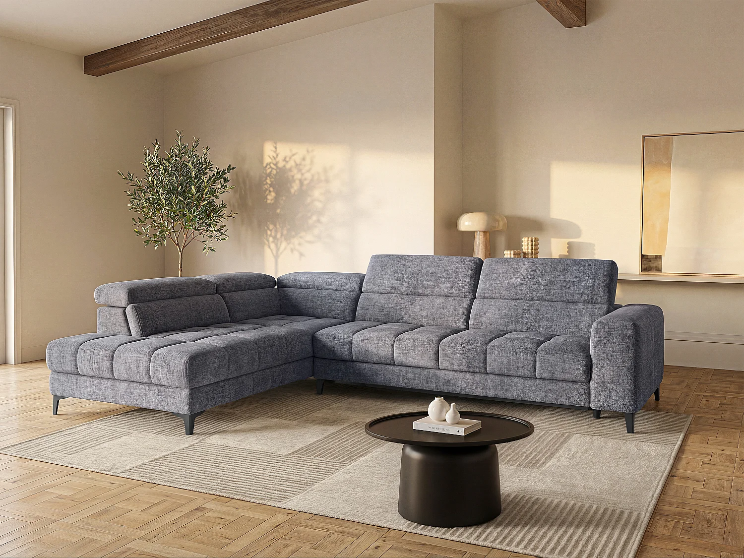 Canapé d'angle gauche relax avec assise coulissante électrique en tissu anthracite MONISO