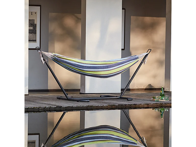 Rede de descanso com suporte de 2,6 m em tecido de poliéster azul/verde COPACABANA para uma sesta confortável ao ar livre