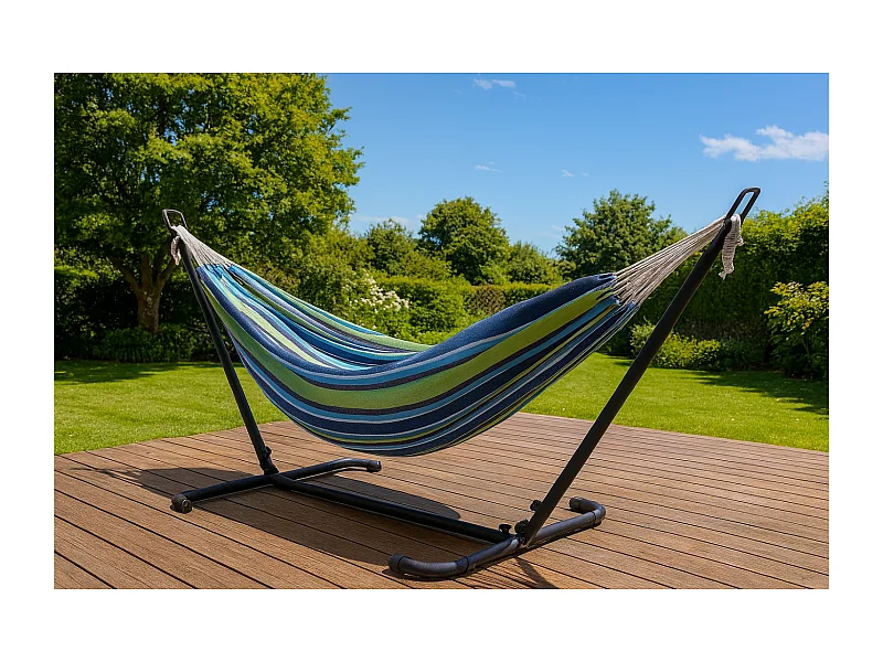 Hamac sur pied 2,6 m avec toile en polyester bleu et vert COPACABANA