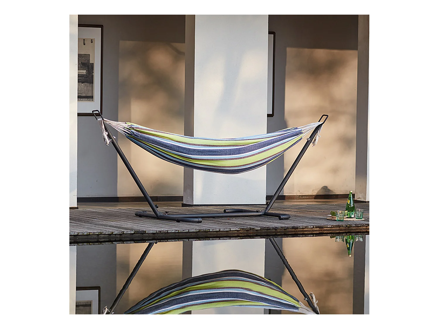 Hamac sur pied 2,6 m avec toile en polyester bleu et vert COPACABANA