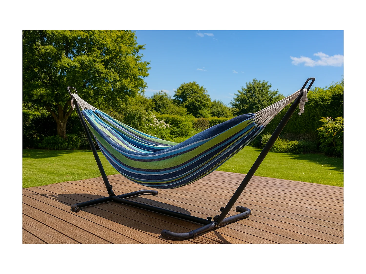 Hamac sur pied 2,6 m avec toile en polyester bleu et vert COPACABANA