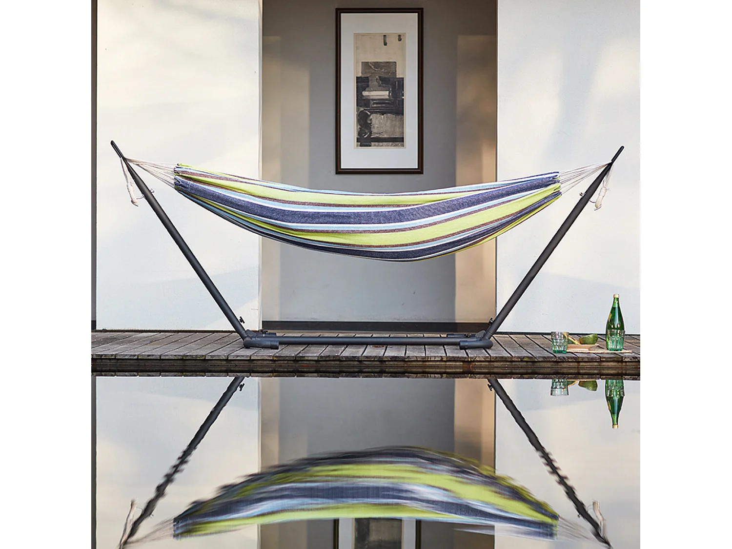 Hamac sur pied 2,6 m avec toile en polyester bleu et vert COPACABANA