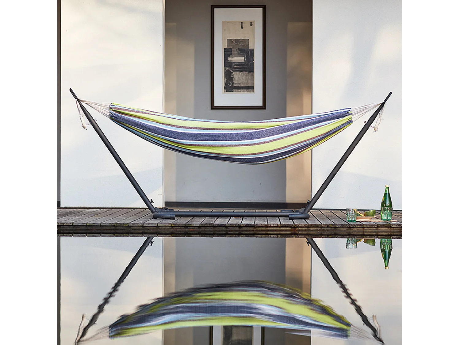 Rede de descanso com suporte de 2,6 m em tecido de poliéster azul/verde COPACABANA para uma sesta confortável ao ar livre