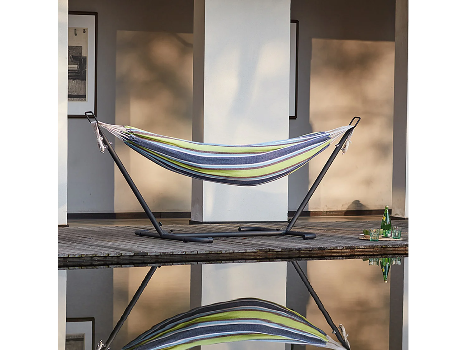 Hamac sur pied 2,6 m avec toile en polyester bleu et vert COPACABANA