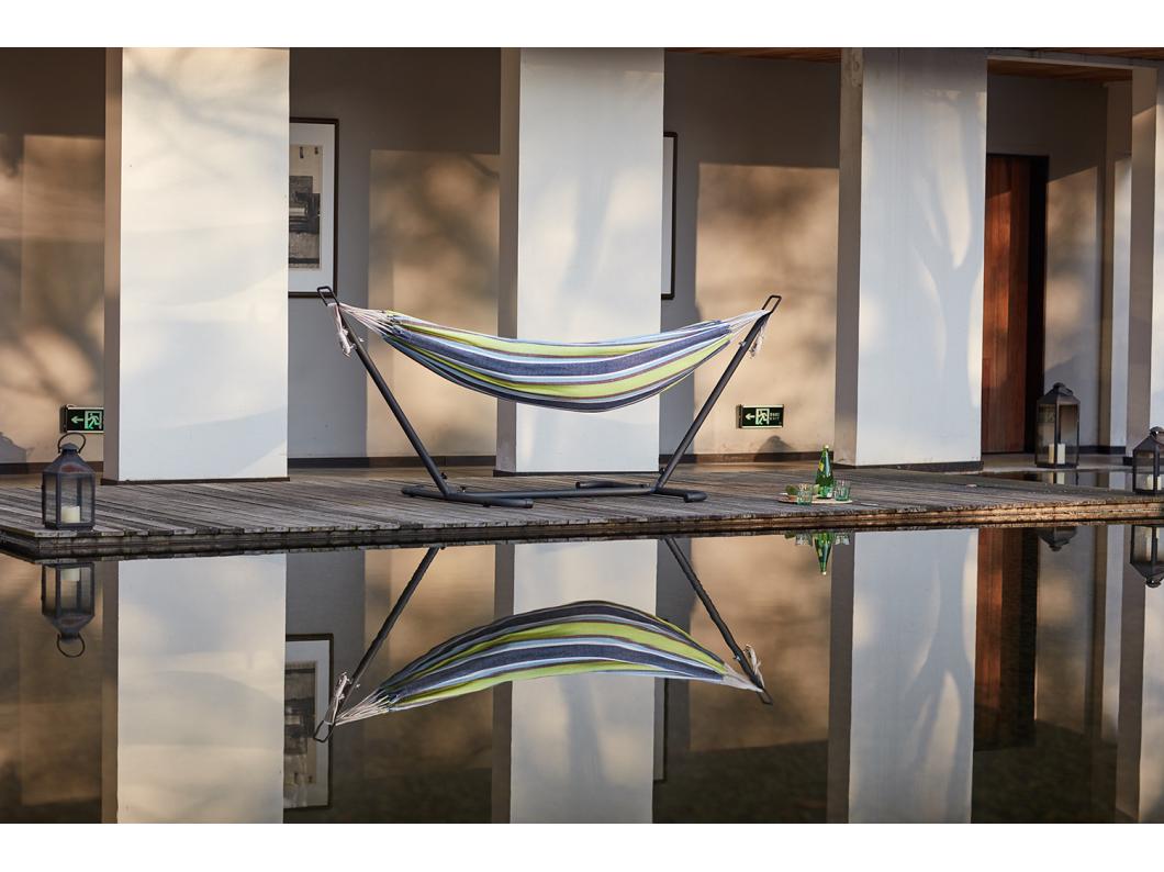 Hamaca con soporte de 2,6 m con lona azul/verde COPACABANA