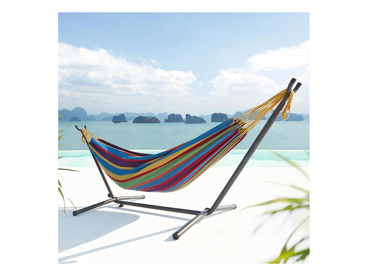 Hamac sur pied 2,6 m avec toile en polyester multicolore COPACABANA