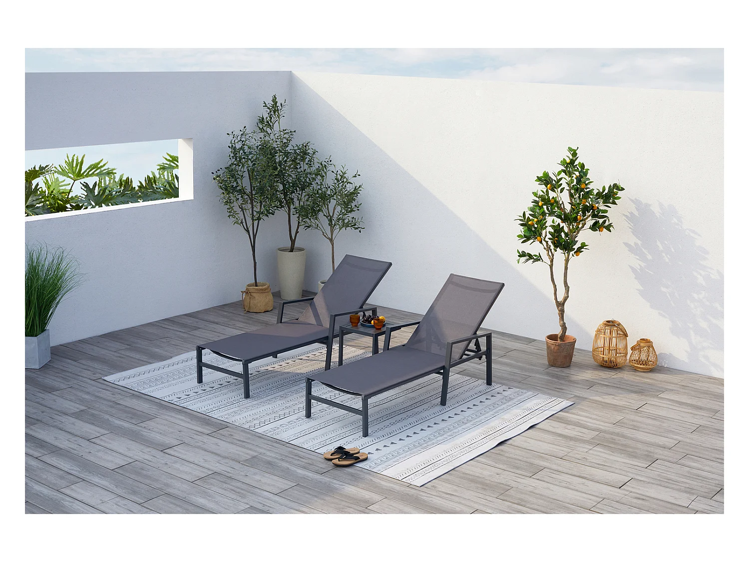 Lot de 2 transats et une table d'appoint gris BARI