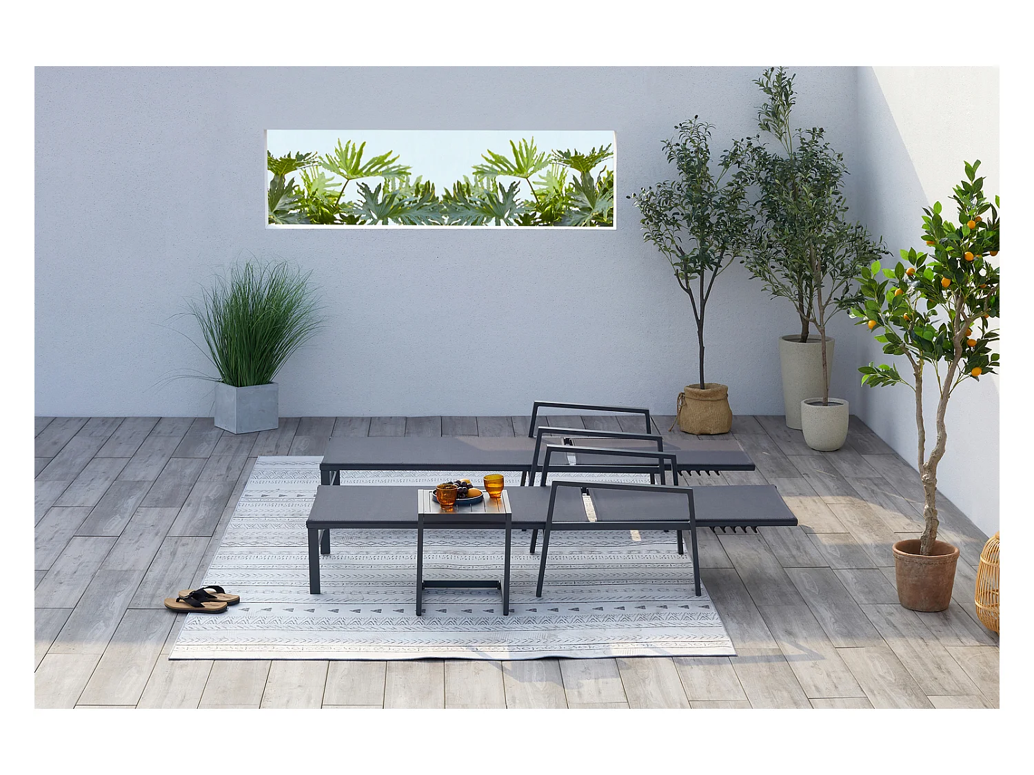 Lot de 2 transats et une table d'appoint gris BARI