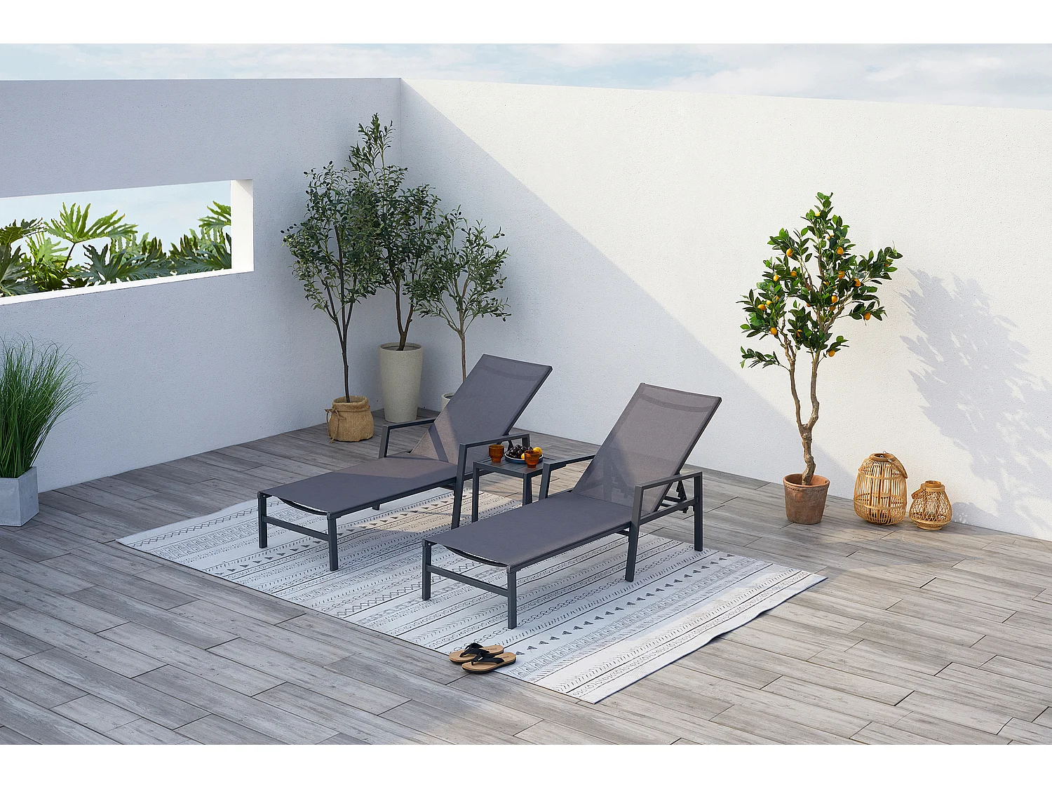 Conjunto de 2 espreguiçadeiras cinza escuro com mesa auxiliar BARI - Design minimalista para jardim ou terraço