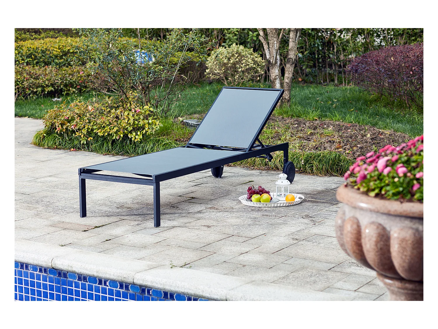 Lot de 2 transats inclinables avec roulettes en aluminium gris CUBA