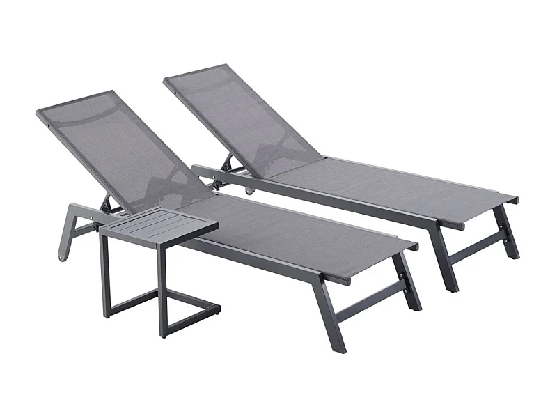PRATO - Lot de 2 bains de soleil en aluminium avec table d'appoint gris et noir