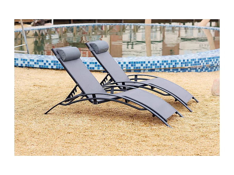 2er Set stapelbare und verstellbare Liegestühle aus Alu grau/schwarz BAHIA