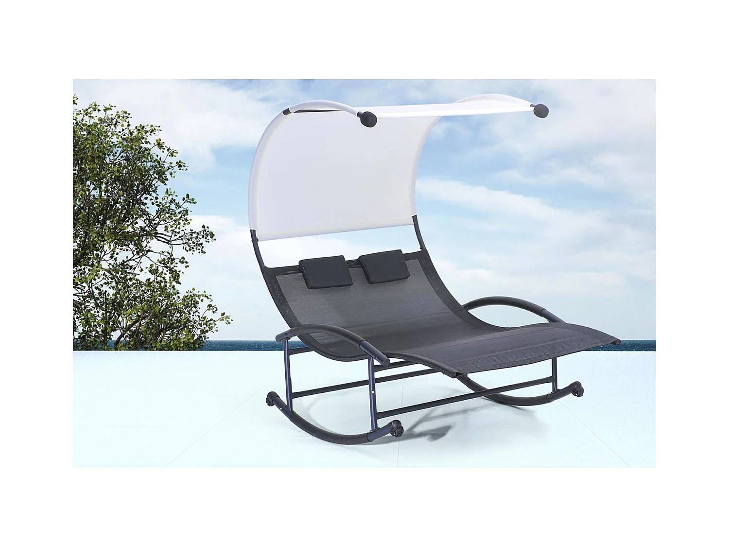 Tumbona doble con toldo negro y crudo ESSAOUIRA