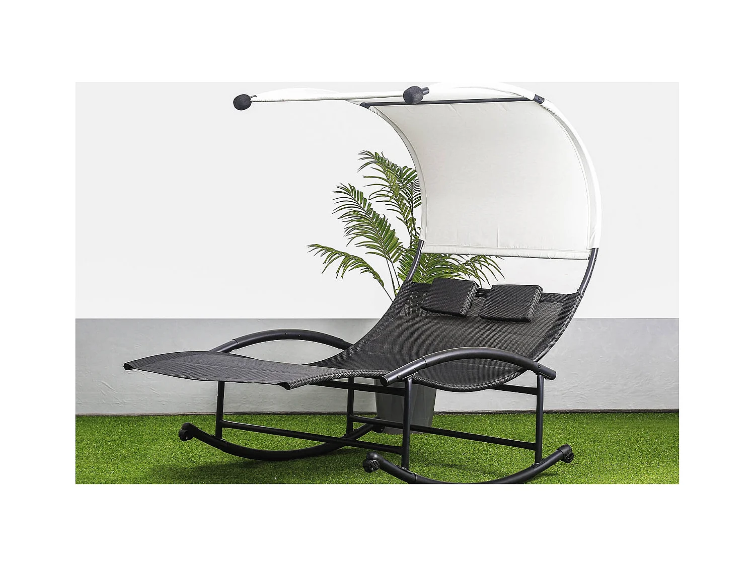 Tumbona doble con toldo negro y crudo ESSAOUIRA